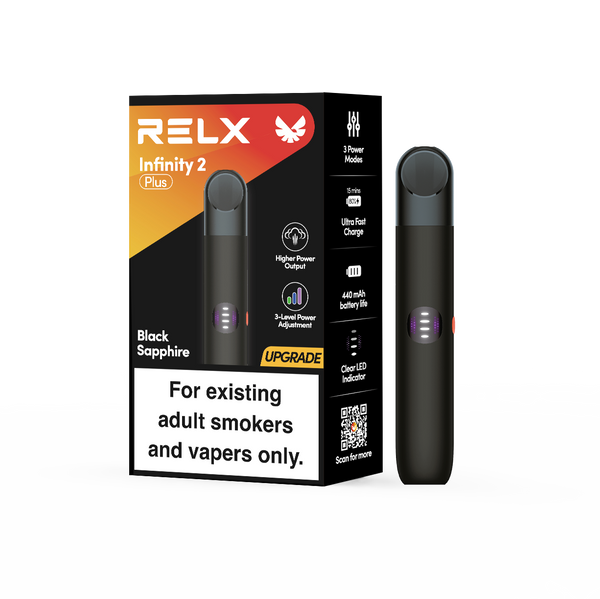 Emballage officiel de la RELX Infinity 2 Plus Noir Saphir présentant les 3 modes de puissance et la fonction de recharge ultra-rapide
