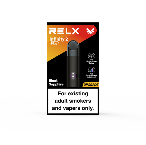Emballage officiel de la RELX Infinity 2 Plus Noir Saphir présentant les 3 modes de puissance et la fonction de recharge ultra-rapide

